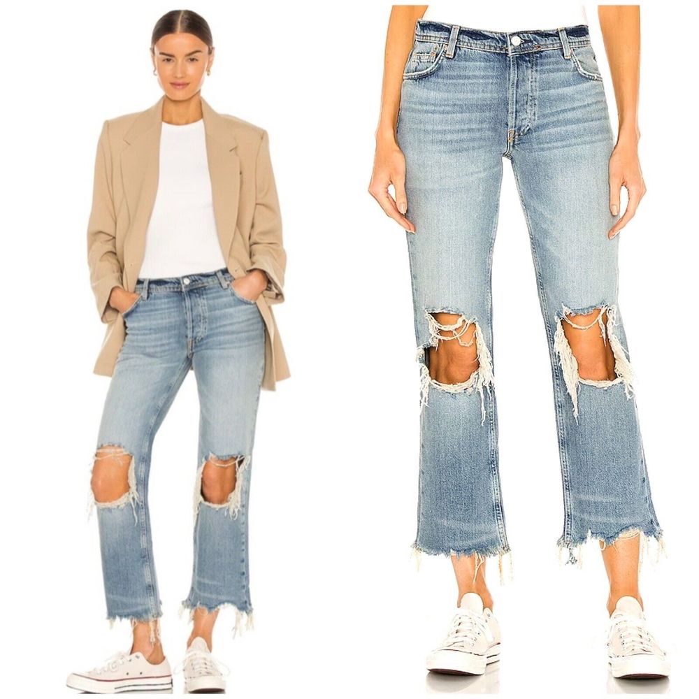 Free People Maggie Mid Rise Straight Leg Jean Distressed Knee Holes Raw Hem 27